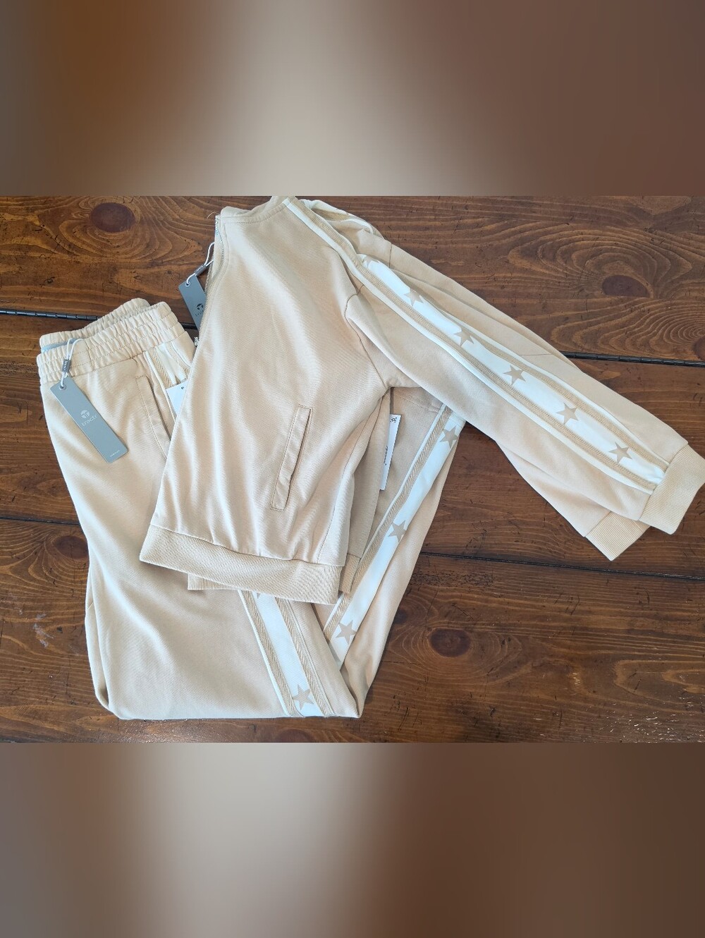 Tractr 2 Piece Star Trim Tracksuit Sweatset Cropped Zip Hoodie Pants Tan Girls L - Picture 6 of 9